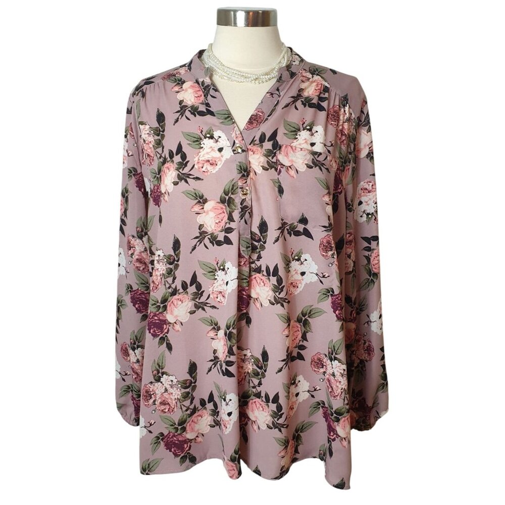 Justify Womens Plus Blouse 2X Mauve Floral Print Open-Sleeve Cottage Coquette